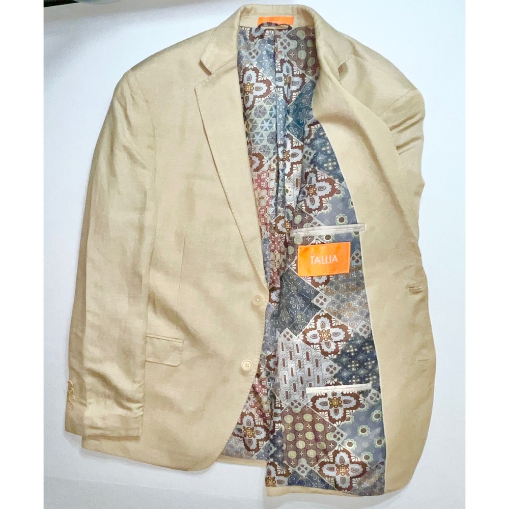 Tallia Linen Blend Blazer Mens 42R Beige Tan Patchwork Lining Sport Coat Jacket